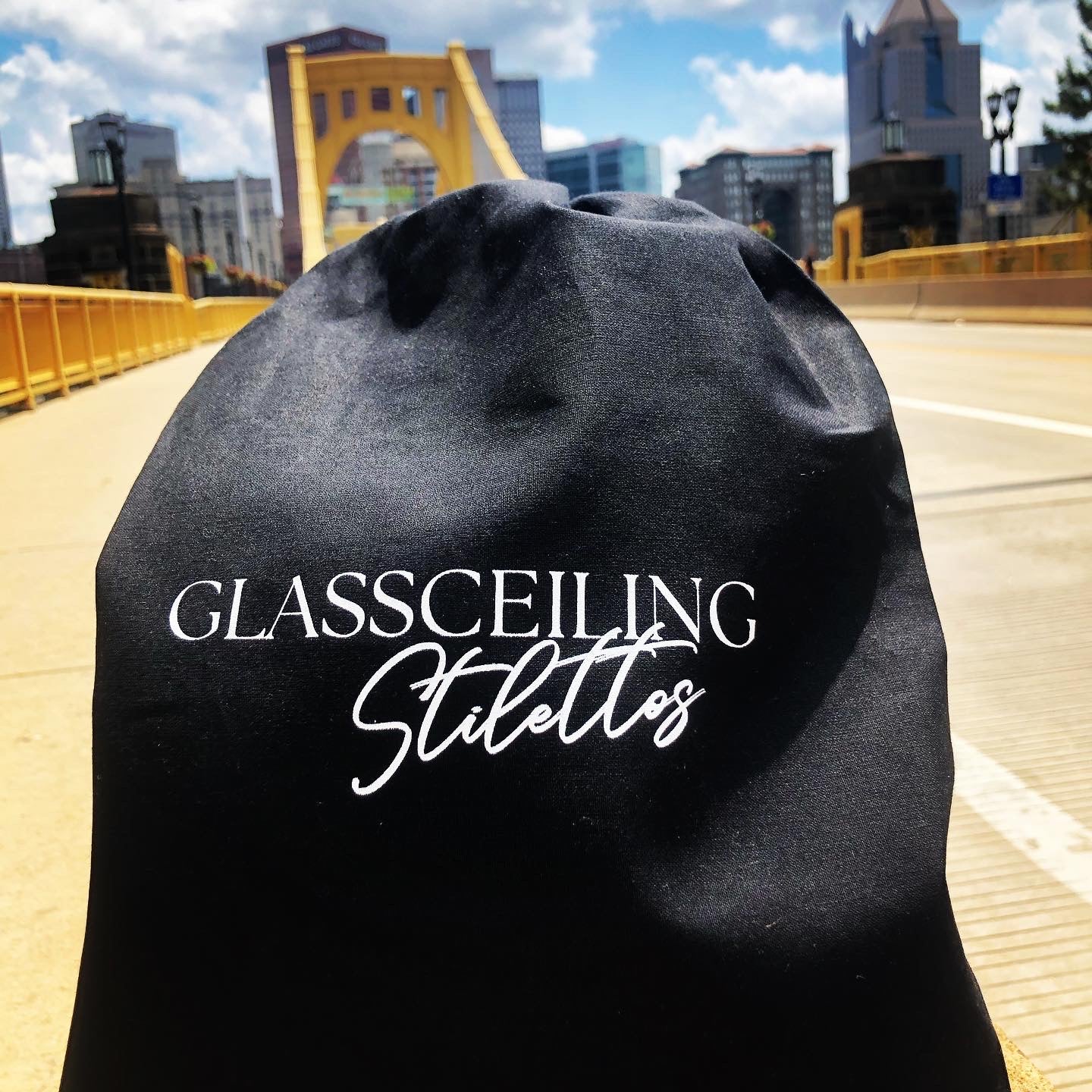 Photo: GlassCeiling Stilettos shoe bag on Warhol Bridge Pittsburgh, PA